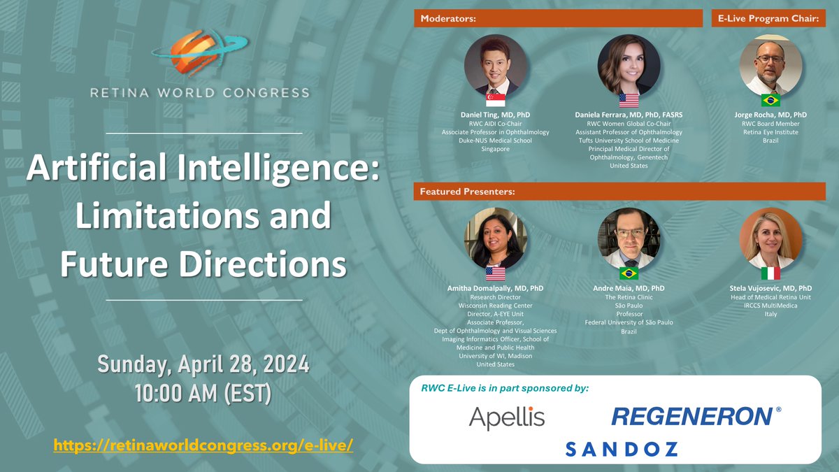 📢 Get ready to expand your knowledge and gain insights from our featured presenters and expert moderators. This Sun., April 28 @ 10 AM Eastern Time 🤖🌐 retinaworldcongress.org/e-live/ #ArtificialIntelligence #AI #medicaleducation #ophthalmology #eyesurgeon