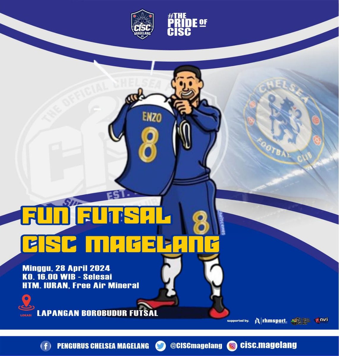📌 F U N  F U T S A L  C I S C  M A G E L A N G
Yang jauh mendekat, yg dekat merapat !!!

📢📢 R A M A I K A N ‼️

🚨 CISC MAGELANG

📌 Minggu, 28 April 2024
📍 Borobudur Futsal
🕞 KO Jam 16.00 - Selesai (on time)
🎽 New Jersey Cisc Magelang
💰 HTM iuran