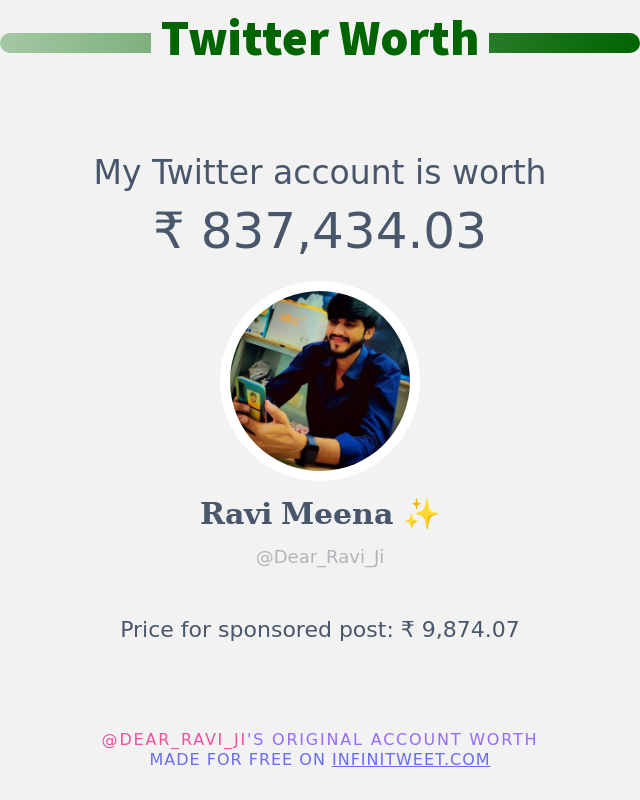 मेरा ट्विटर मूल्य है: ₹ 837,434.03 ➡️ infinitytweet.me/account-worth?…