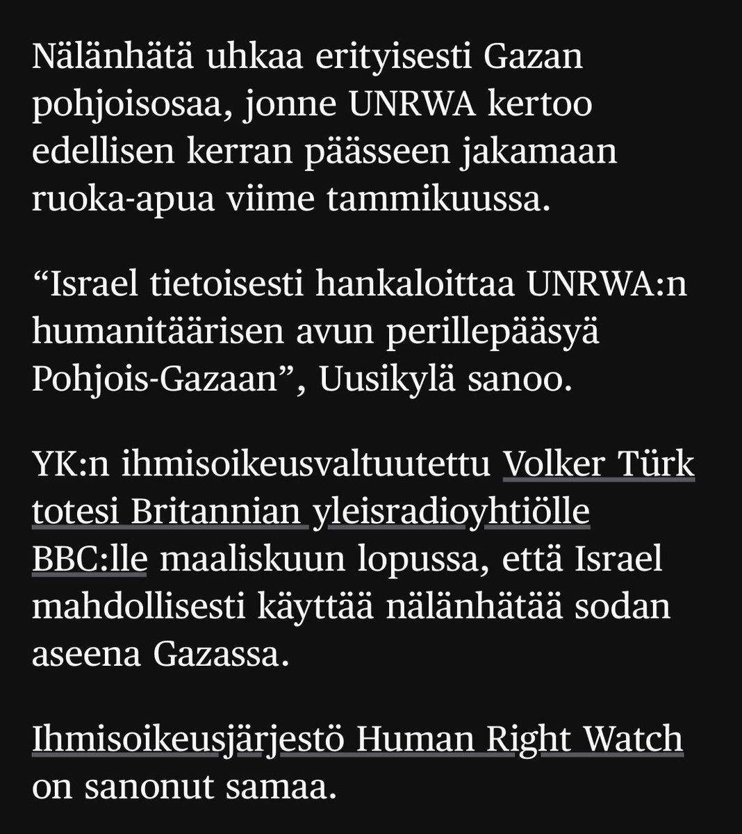 “Israel tietoisesti hankaloittaa UNRWA:n humanitäärisen avun perillepääsyä Pohjois-Gazaan”, Uusikylä sanoo. Tämä on todella raskas syytös. Uusikylä ei varmasti tehnyt sitä kevein perustein. #Gaza