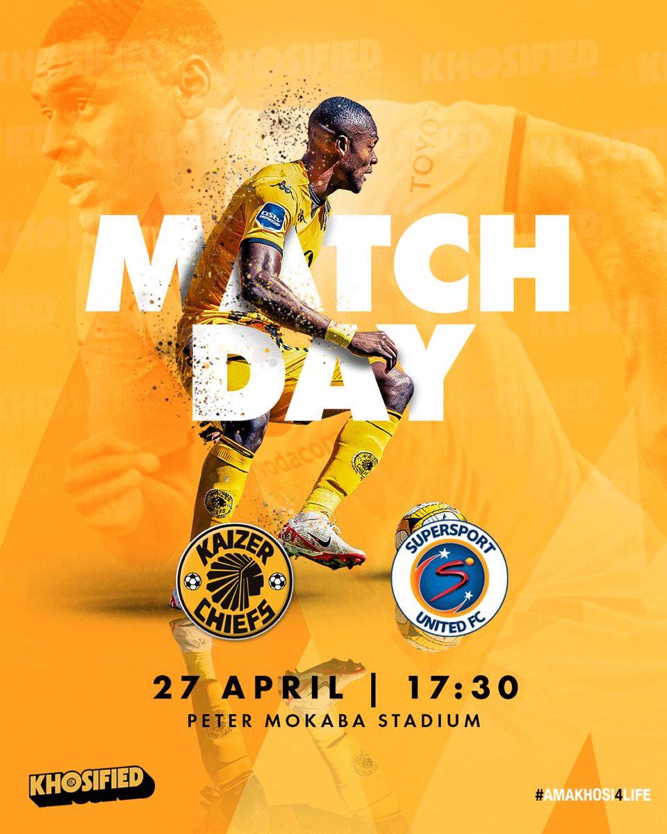 Match Day!

🏆#DStvPrem
⚽️Kaizer Chiefs vs. SuperSport United
👕First Team 
🗓️Saturday 27 April 2024
🏟Peter Mokaba Stadium 
🕞17h30
📺SuperSport 202
🎟R60 - Computicket, Shoprite - linktr.ee/kaizerchiefs

#Amakhosi4Life #Khosified