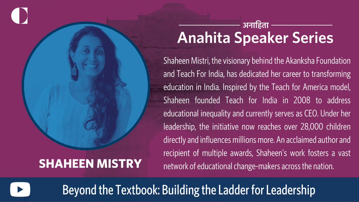 🎙Speaker Spotlight | Beyond the Textbook: Building the Ladder for Leadership

Join us for an #AnahitaSpeakerSeries episode with @shaheenmistri, founder and CEO of @TeachForIndia. Shaheen shares her journey and insights on the transformative power of education, making teaching