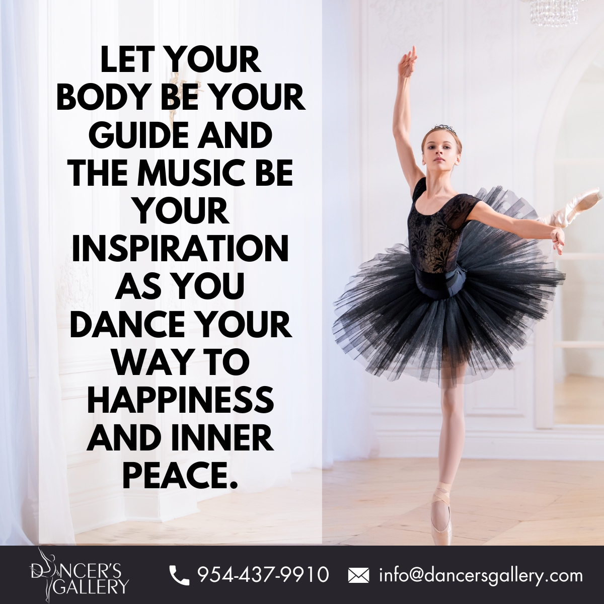 Let your body be your guide and the music be your inspiration as you dance your way to happiness and inner peace.

#quoteoftheday #dancestudiomiami #danceclasses #dancelover #dancelove #dancegoals  #miamidanceclasses #coopercitydancestudio #dancestudiocoopercity #davieflorida