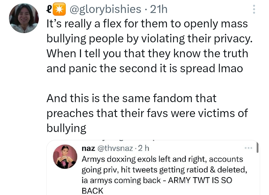 kpop stans acting like they really care about doxxing and bullying when a certain fandom is the one who shares women's private information to harass them and they don't give a fck lol