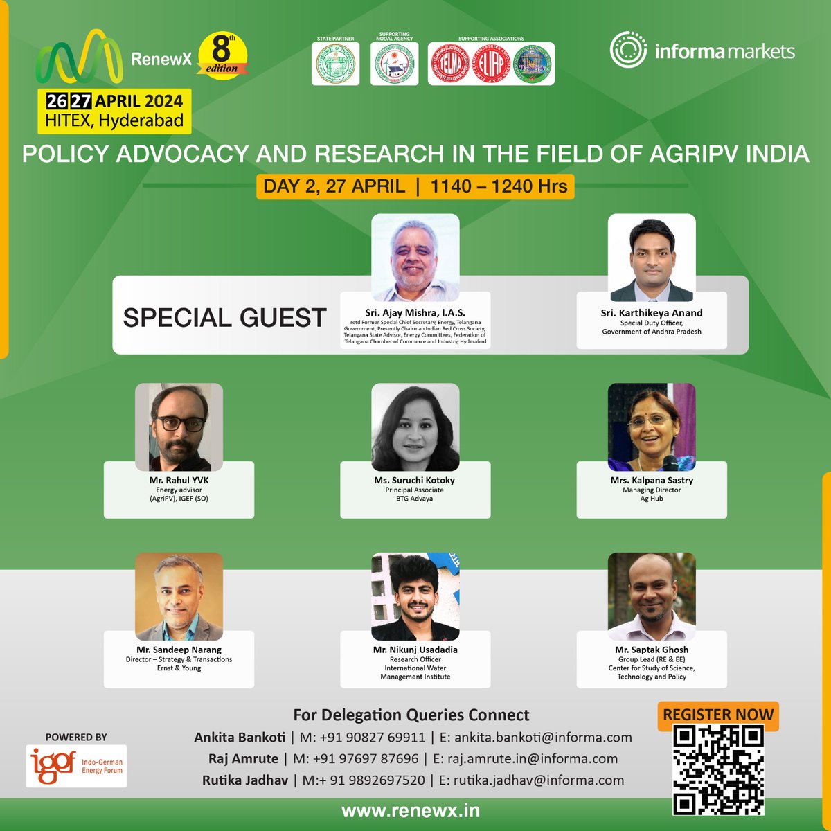 📢Happening today! Join us for the session on Policy advocacy and research in the field of #AgriPV India at RenewX, Hyderabad.

⌛️ 11:40 – 12:40 Hrs
🔗 Register with Code IGEF10 👉visitor-registration.renewx.in/registration?r…

#AgriPhotovoltaics #EnergyEfficiency #Energy #RenewableEnergy #Renewables