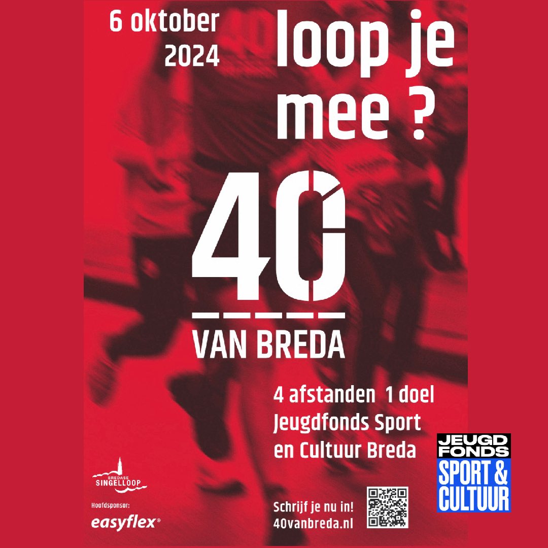 Je kunt je inschrijven! Loop je mee?

Met de #40vanBreda
... gaan we de sportieve uitdaging aan om álle afstanden van de <a href="/SingelloopBreda/">Singelloop Breda</a> te lopen.
... lopen we met z’n allen voor een mooi, lokaal doel <a href="/JFSCBreda/">Jeugdfonds Sport & Cultuur Breda</a>! 
... maken we er weer een waar hardloopfeestje van...
#singelloop
