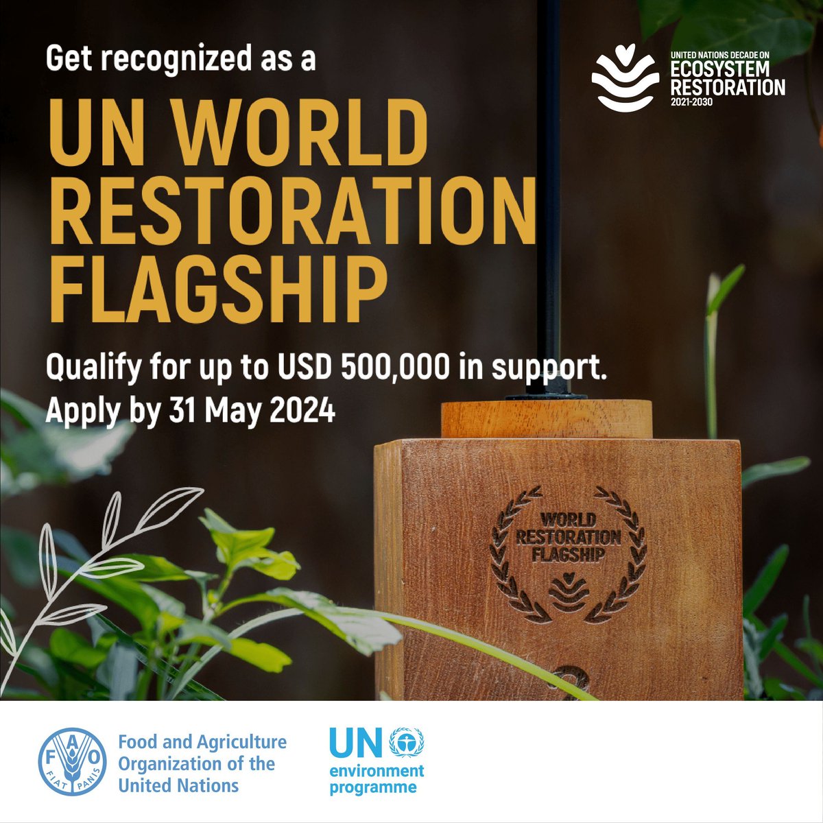 📣 Are you from a country or region whose efforts in restoring an ecosystem could inspire others around the world? Get recognized as a World Restoration Flagship under the @‌UN Decade on Ecosystem Restoration! Apply by 31 May 👉 buff.ly/4b2cbnO #GenerationRestoration