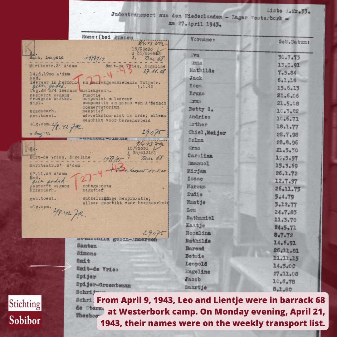 9/10 With the 9th transport on April 27, 1943, Leo and Lientje Smit were deported to the Sobibor death camp. They were murdered upon arrival on April 30, 1943.