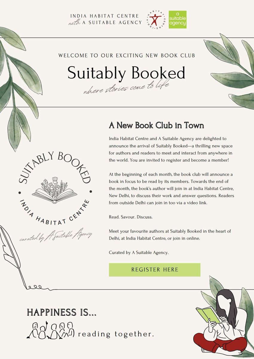 We are delighted to announce the launch of Suitably Booked—an exciting new book club hosted by @IHCDelhi and curated by @ASuitableAgency. ❤ Registrations are open: forms.gle/p1CCPRPFEhMsrW… See the thread below to know about our inaugural session and how it works. 📚