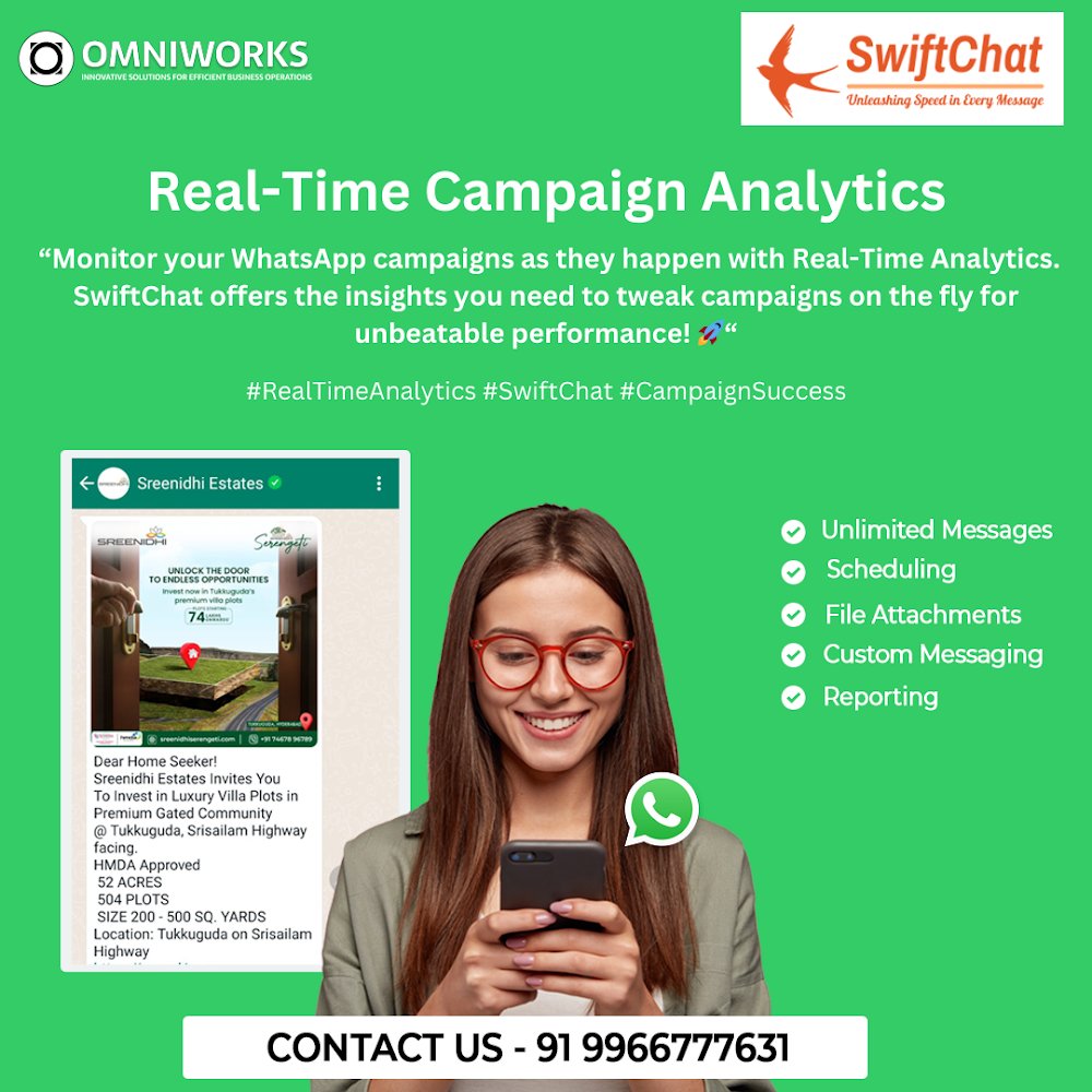 Real-Time Campaign Analytics 'Monitor your WhatsApp campaigns as they happen with Real-Time Analytics. SwiftChat offers the insights you need to tweak campaigns on the fly for unbeatable performance!' #RealTimeAnalytics #SwiftChat #CampaignSuccess vbt.io/goto/7Ov6