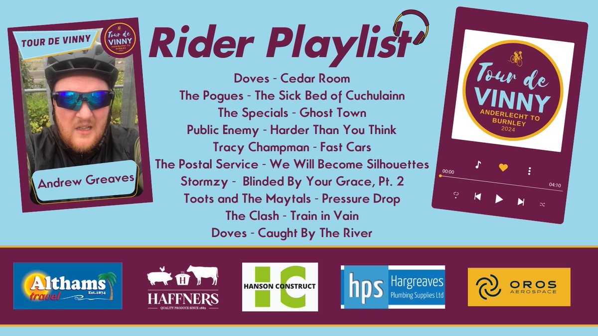 🎧RIDER PLAYLIST | Fancy a playlist to get your Saturday morning off to a great start? 🎶Today's rider playlist is courtesy of @AndrewGreaves84! #twitterclarets 😇gofundme.com/tour-de-vinny/