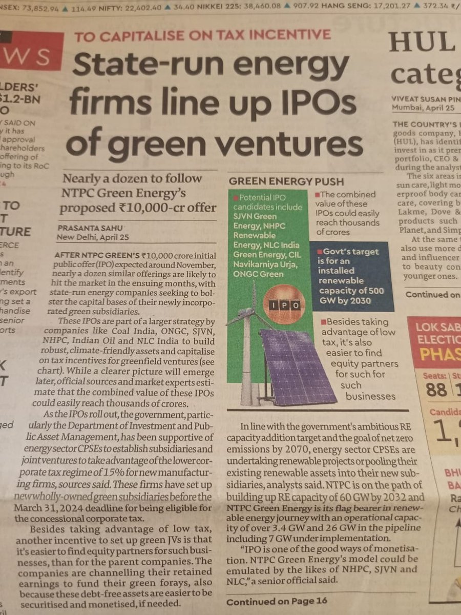 State-Run energy firms line up for green IPOs. 

Potential Candidates 

SJVN Green Energy
NHPC Renewable Energy 
NLC India Green Energy
ONGC Green 
CIL Navikarniya Urja