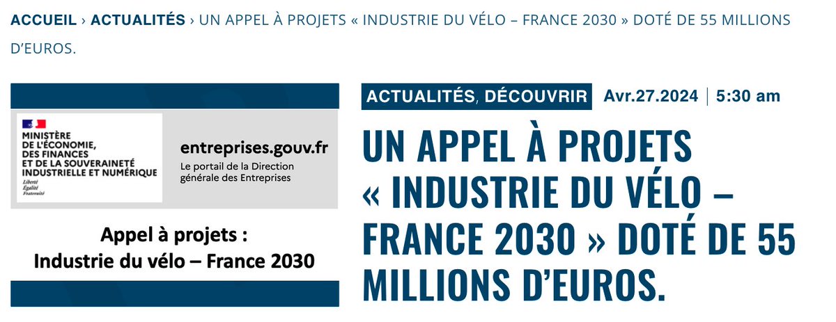 Un appel à projets « Industrie du Vélo – France 2030 » doté de 55 Millions d’Euros. Dans la continuité de son plan vélo, le gouvernement a lancé ce lundi 22 avril un nouvel appel à projets. Doté d’une enveloppe de 55 millions d’euros, cet appel à projets, piloté par la DGE et
