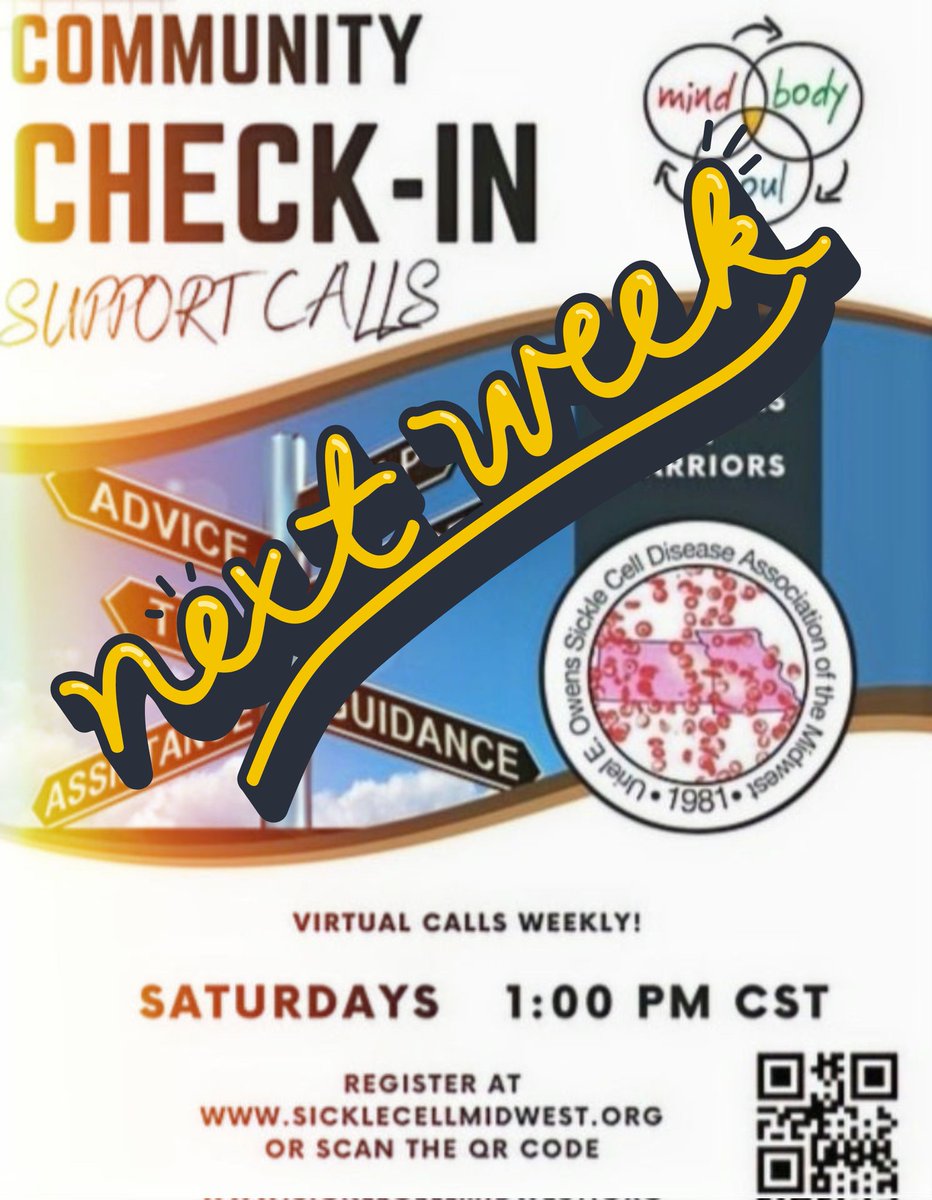 Our Community Check-in Support Call will be taking today off for a self-care weekend! We'll see you next week, in May, with new topics, SCD Warrior and Caregiver support, tips, guidance and connection for your #sicklecell journey.👋

#SickleCellMidwest
#SickleCellSupport