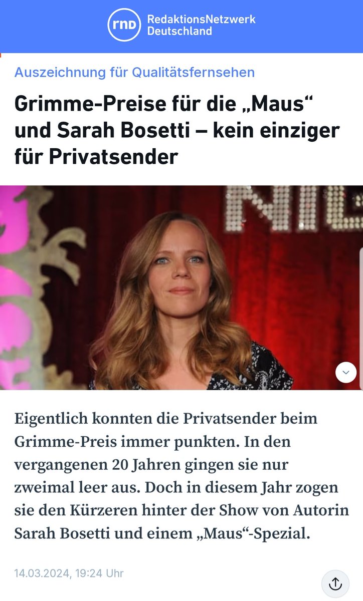 Sarah #Bosetti, welche Ungeimpfte ohne Konsequenzen als 'Blinddarm' verunglimpfen durfte, ist endlich auf dem linksgrünen Kultur-Olymp angekommen. 

Der #OERR ist nicht reformierbar.

🥳🥳🥳 #Grimmepreis