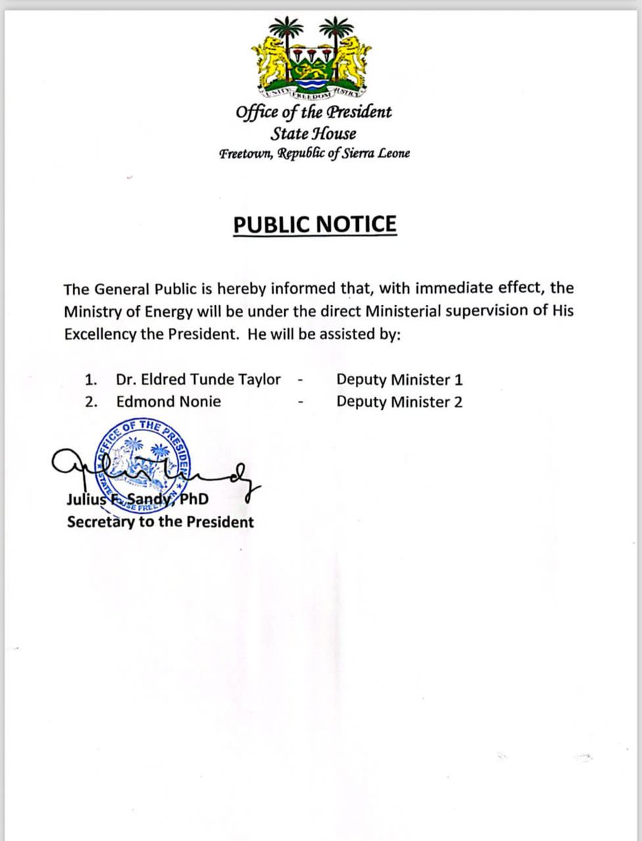 Today has been a busy day in #SierraLeone, from resignation to prayer time, and appointments. 

@PresidentBio is now directly supervising the Ministry of Energy to be supported by two Deputy Ministers. 

#FreetownStories