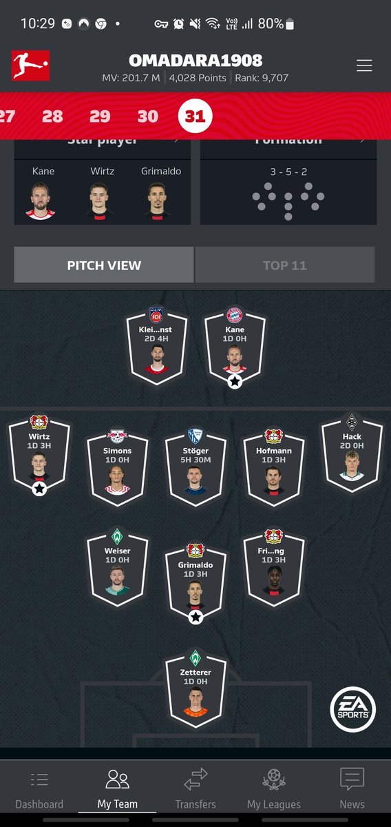 #BLFantasy #MD31🔒🇩🇪
⬅️Olmo/Undav/Grifo/Mittelstadt/Mainka
➡️Kleindienst/Hack/Stoger/Weiser/Mwene 
💰11.1ITB
💸1 Player On Sale 
⭐️Kane/Writz/Grimaldo
3⃣5⃣2⃣
Inside the Top 10k (just looking to stay their) 

Viel Glück! 🤞🏻