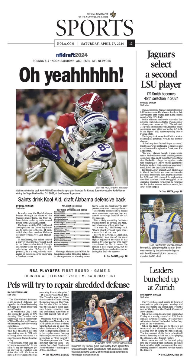 The New Orleans Saints drank the Kool-Aid and drafted Alabama's Kool-Aid McKinstry. Oh yeahhhhhhhh! My sports front page for today's New Orleans edition of The Advocate. Drink it in.