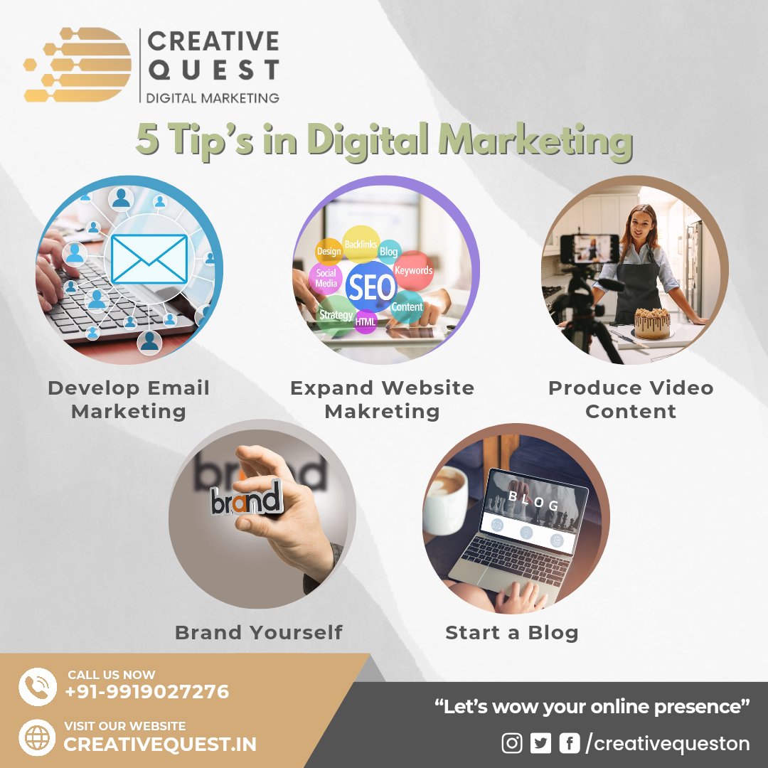 5 tips in digital marketing 🚀

1. Develop email marketing
2. Expand website marketing
3.  Produce video content
4. Brand yourself
5. Start a blog
Follow us for more tips.

#digitalmarketing #digitalmarketinglucknow #MarketingStrategy #WebsiteDevelopment #videocontent #Brand