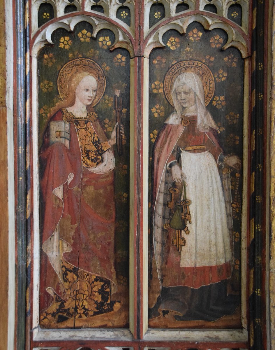 Today's the feast of St Sitha, a very popular saint in medieval England. She's the patron of single laywomen and servants, and was invoked against lost keys. Here she is on the right on the screen at Barton Turf, Norfolk with St Apollonia on the right, another popular saint who…