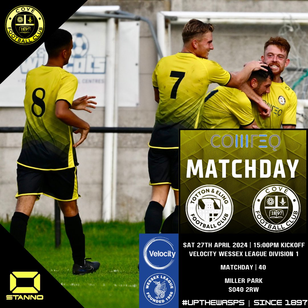 Matchday Final Velocity Wessex League Division 1 Game of the season and we travel to @tottonelingfc 🤝 ⏰15:00pm Kickoff 🏟️Miller Park 📍SO40 2RW @WessexLeague #UPTHEWASPS🟡⚫️