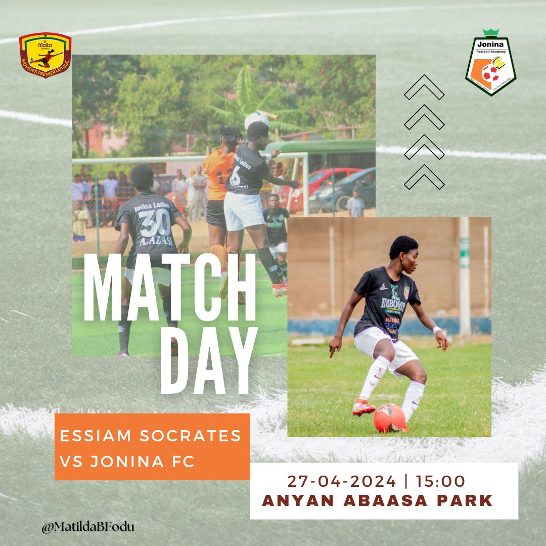 IT'S MATCH DAY 🎯

👕 @EssiamSocrates vs @JoninaFc 
🏆 Malta Guinness WPL 
🗓️ 27-04-2024
⏰ 15:00 GMT
🏟️ Anyan Abaasa Park 

Praying for a good game today and we bring back home all 3 points 🙌🏾
#WeAreSpecial #JFA #MaltaGuinnessWPL