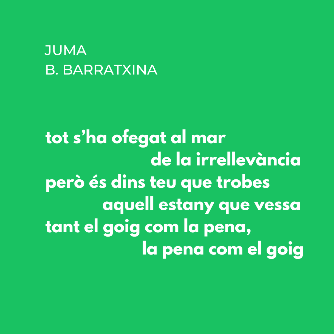 De Juma B. Barratxina, un fragment del poema 'un estany que vessa', extret del llibre del mateix nom. El va publicar @Editorial_3i4 el 2021.

#poesia #poesiaencatala #poesiaencatalà #poesiacatalana #poetescatalans #jumabarratxina