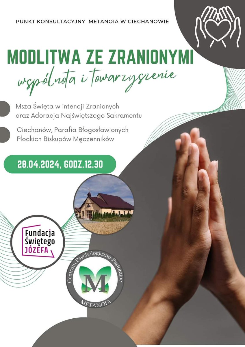 W Ciechanowie działa #PunktKonsultacyjny <a href="/CppMetanoia/">Metanoia - Centrum Psychologiczno-Pastoralne</a> dla osób zranionych. Jutro również wspólna modlitwa. Zapraszamy wszystkich, którzy chcą wyrazić #WspólnotaZeZranionymi

💒 Parafia bł.Płockich Biskupów Męczenników w Ciechanowie
🗓 niedziela, 28.04 
⏰️ 12.30 Msza św.