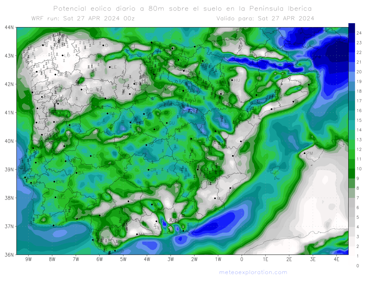 Potencial eólico medio hoy en la Península Ibérica: 41% Máximo de 81% en 41.0, -1.92 meteoexploration.com/es/energy/#win…