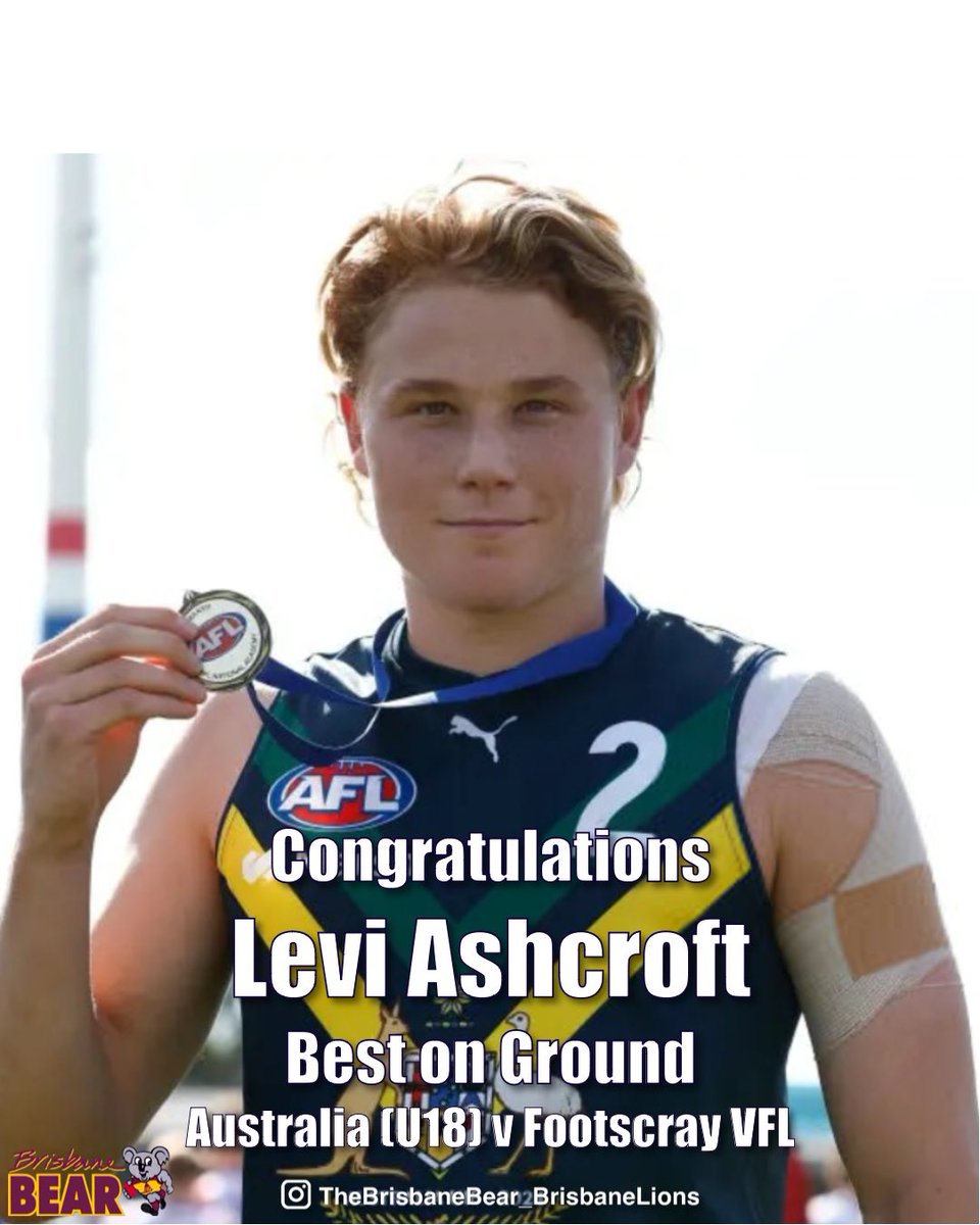 Congratulations to Levi Ashcroft who was named Best on Ground in today’s Australia (U18) match against Footscray‘s VFL team at Whitten Oval. More on Insta: TheBrisbaneBear_BrisbaneLions 
￼#BrisbaneLions #BrisbaneBears #Lions #Bears #BBFFC #Uncaged #FeelOurRoar #AFL #GenNext