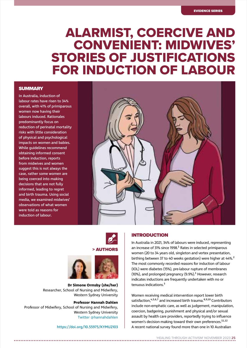 In Australia, induction of labour rates have risen to 34% overall, with 41% of primip women now having their labours induced. Rationales predominantly focus on reduction of perinatal mortality risks with little consideration of physical & psychological impacts on women & babies.