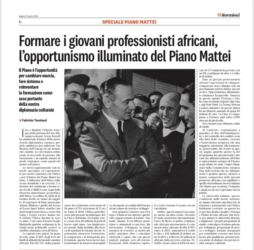 Il #PianoMattei per l’Africa può cambiare marcia, fare sistema e reinventare la formazione come asse portante della nostra diplomazia culturale. Su @ilriformista oggi in edicola, parte di un interessante speciale di 6 pagine sul Piano.