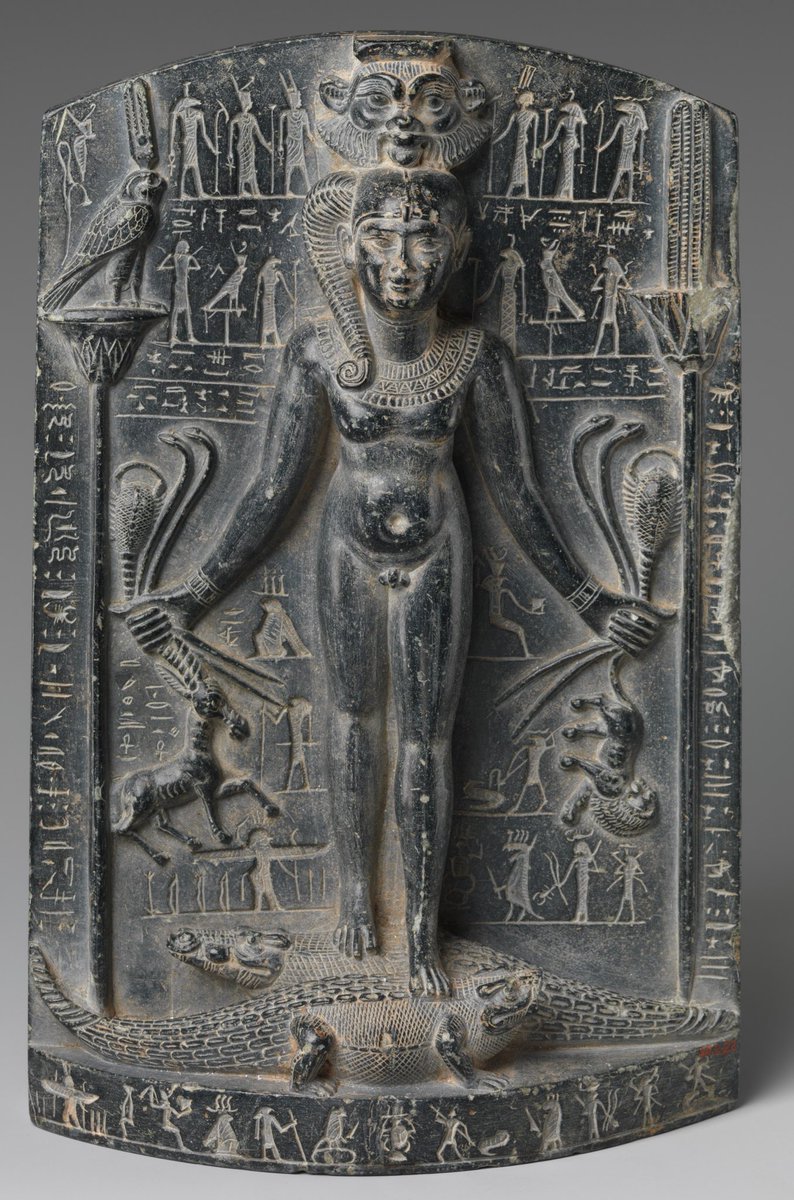 This image of the Rebis, the final product of the alchemical Great Work, reminds me of Horus standing on the crocodiles, an Egyptian depiction conveying magical protection over dangerous and venomous creatures, which appears on cippi, stelae, statues and amulets. (See ALT for 📸)