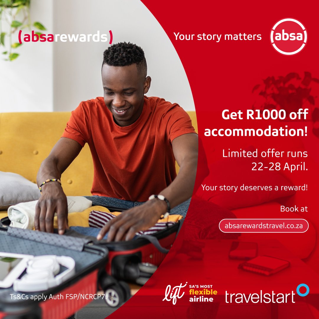 This incredible deal is so fantastic that we couldn't resist extending it! Don't miss out on this amazing offer - get R1000 off your accommodation booking visit absarewardstravel.co.za. Act fast before these deals are gone! Offer ends on 28 April. Ts & Cs apply. #YourStoryMatters