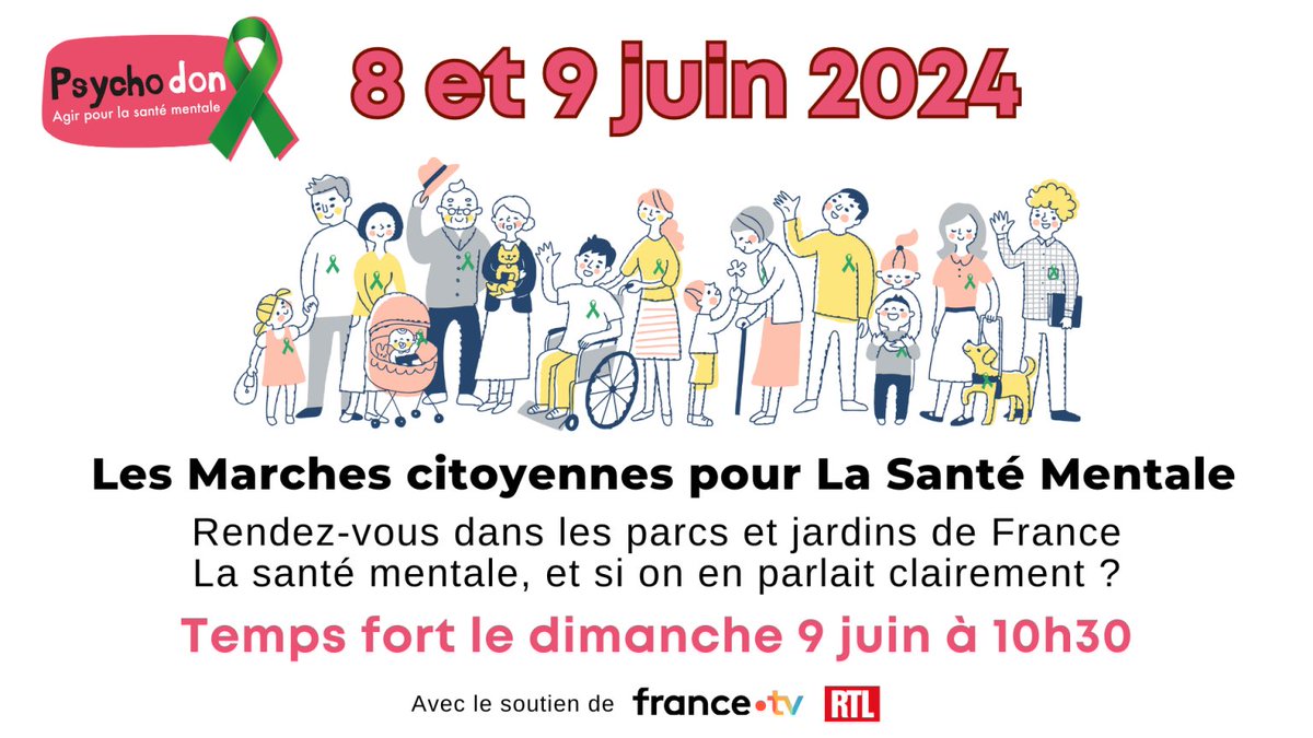 Rendez vous le 8 et le 9 juin partout en France pour le week-end @Le_Psychodon , agir pour la santé mentale. Rassemblons nous le 9 juin 10 h 30 dans le parc de votre ville .