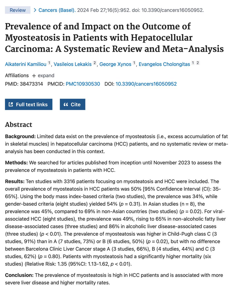Meta-analysis finds 50% of HCC patients suffer from myosteatosis, with mortality risk increasing by 35% (RR=1.35). Prevalence rises to 86% in alcohol-related liver disease. #LiverCancer #PatientOutcomes #ClinicalResearch