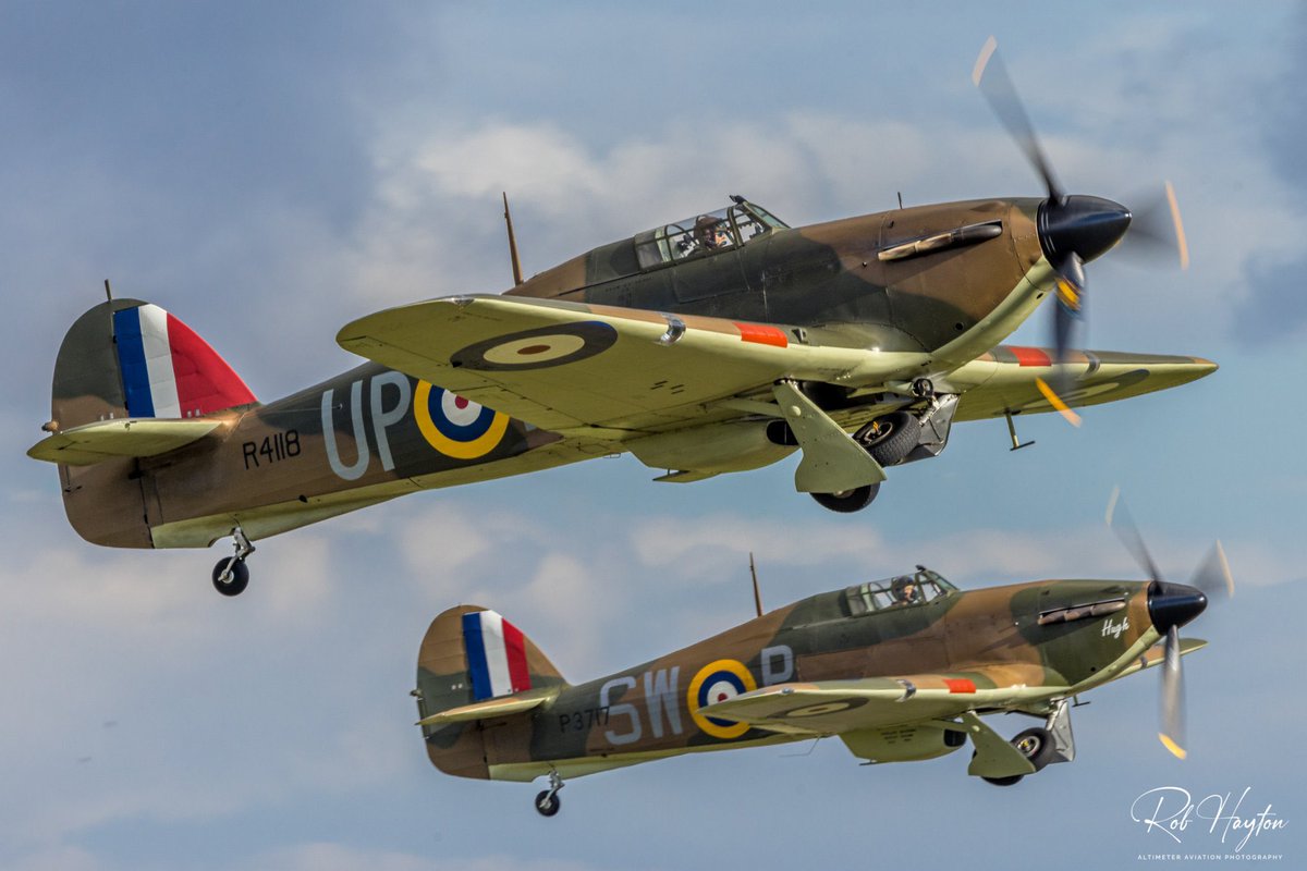‘Hawker Hurricane Week’ An often-posted image but nice to see for new followers of my page - Mike Collett in the Mk. I R4118 with Matt Pettit in the Bygone Aviation Mk. I P3717 at the Battle of Britain Airshow in September 2022…⁦@HurricaneR4118⁩ ⁦@IWMDuxford⁩