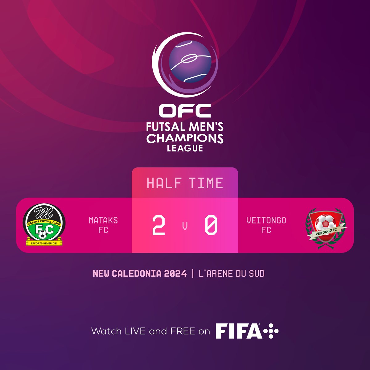 HALF TIME | After the first period it is Mataks FC who leads 2-0 against Veitongo FC.

Catch all the action LIVE and FREE on FIFA+
fifa.fans/3JAbZRh

#OFMCL