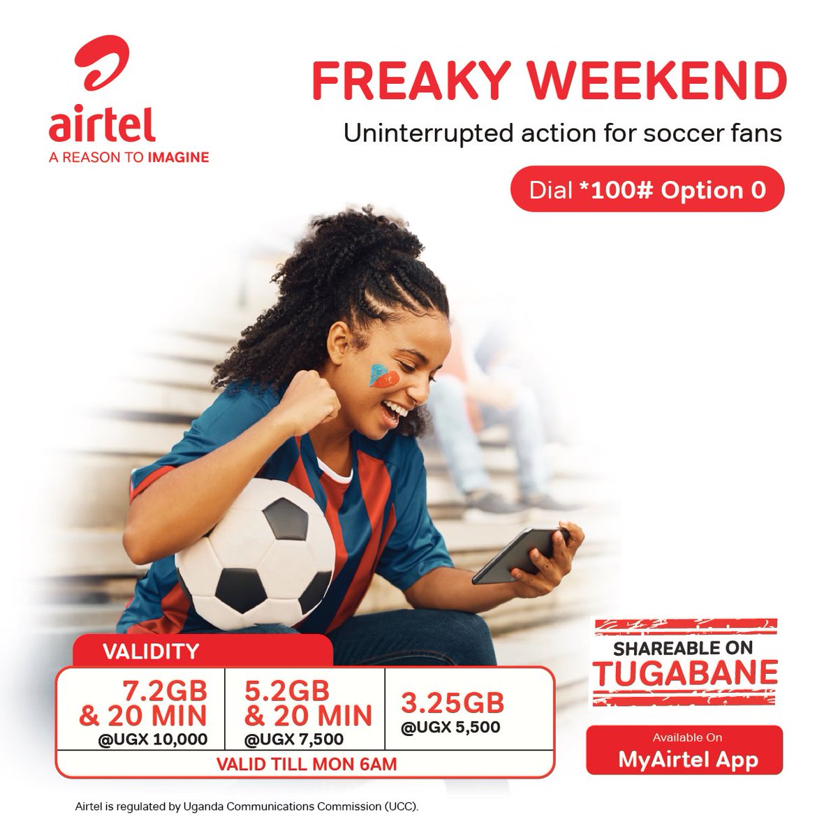 Get in on the non-stop soccer action with #FreakyWeekend bundles Dial *100# or use #MyAirtelApp airtelafrica.onelink.me/cGyr/qgj4qeu2 for uninterrupted fun!