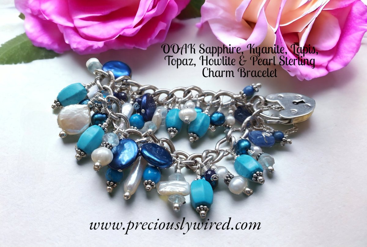 Timeless OOAK Sappire, Kyanite, Lapis, Topaz, Howlite & Pearl Sterling charm bracelet preciouslywired.com #handmade #handmadejewellery #ukmakers #MHHSBD #smartsocial #CraftBizParty #earlybiz #UKWeekendHour #UKGiftHour #ukgiftfinder #UKGiftAm #crafturday #NetworkwithThrive