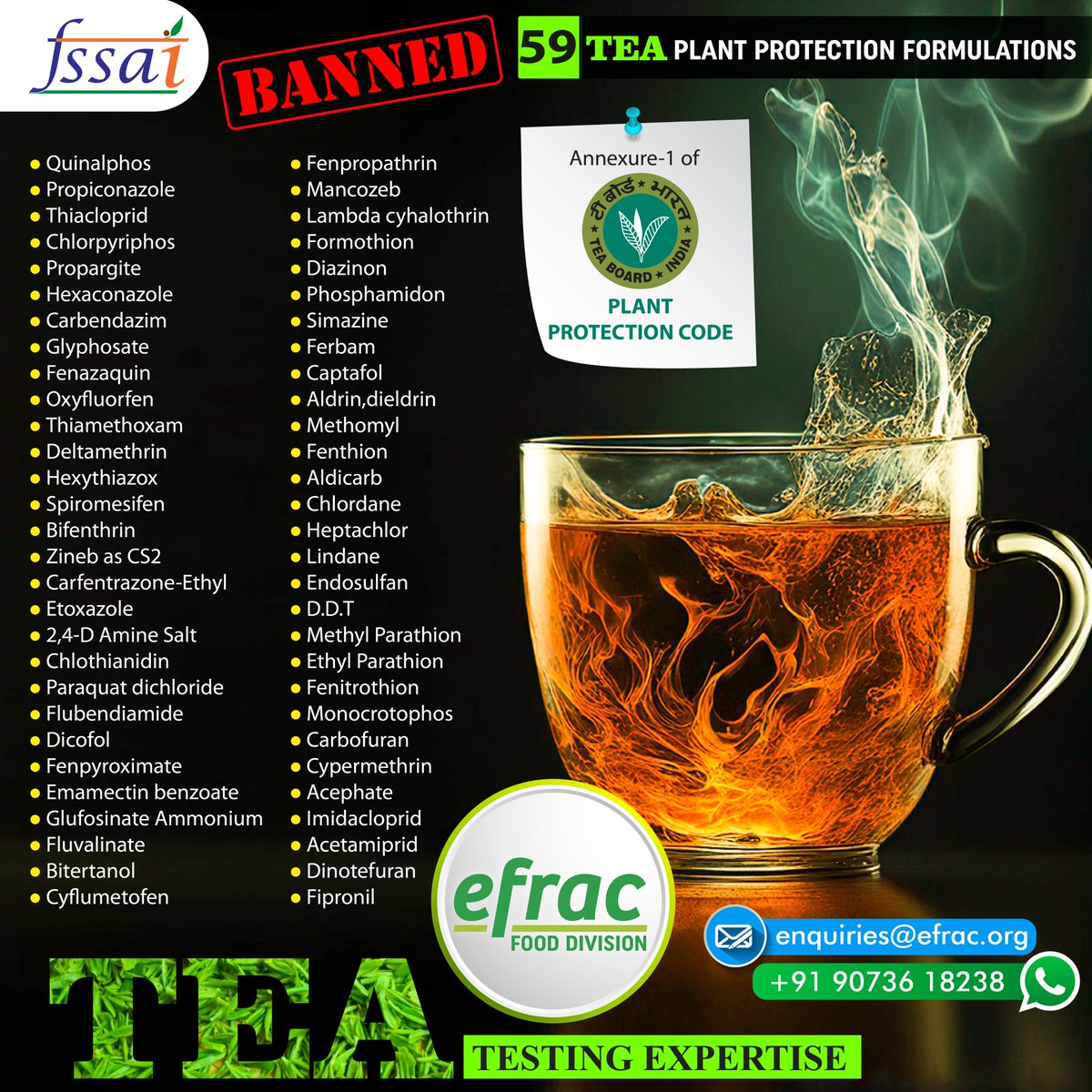EfracLab's tweet image. #FSSAI #teasafety #pesticidetesting #foodsafety #teaquality #residuetesting #pesticidefreetea #SafeTea #qualitycontrol #foodregulations #labtesting #ConsumerSafety #healthytea