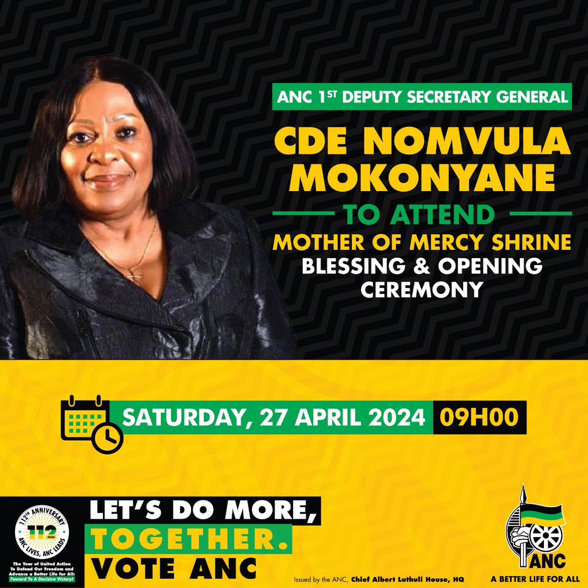 As part of sectoral work , today we will be taking part of the blessing and opening ceremony of the mother of mercy shrine. 
#ANCInChurch
#VoteANC2024 
#LetsDoMoreTogether