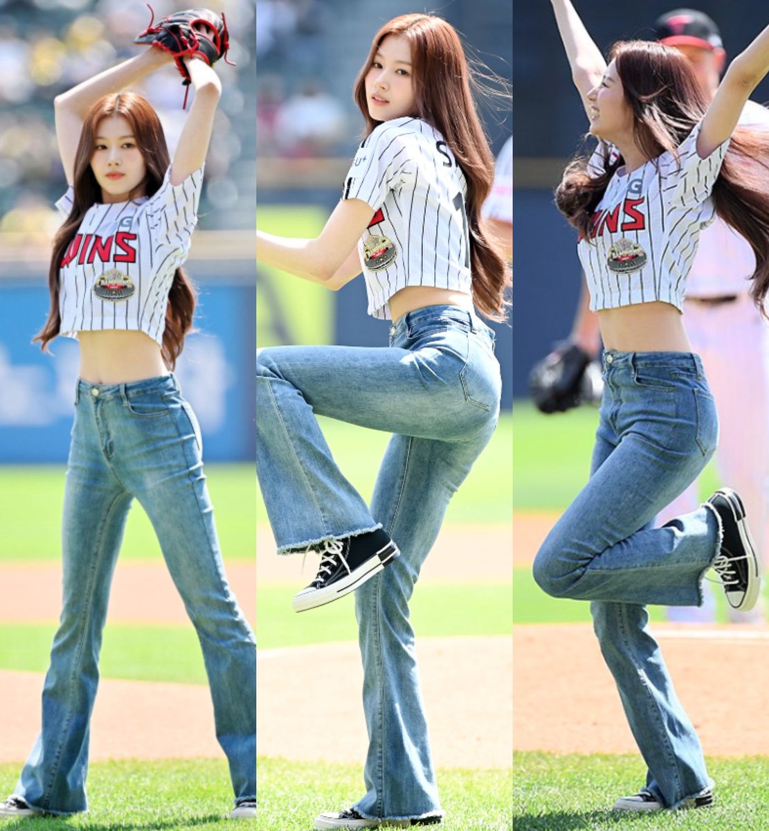 TWICE's Sana throwing the first pitch.