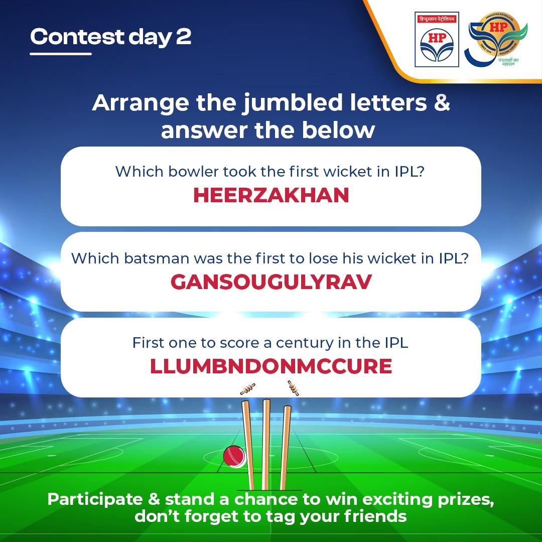 An exercise for your grey cells and knowledge of cricket. Mention the right answers in the comment section and qualify for the next round of this exciting contest. Don't forget to like the post and tag your friends. #Day2 #IPLWithHPCL #HPTowardsGoldenHorizon #HPCL…
