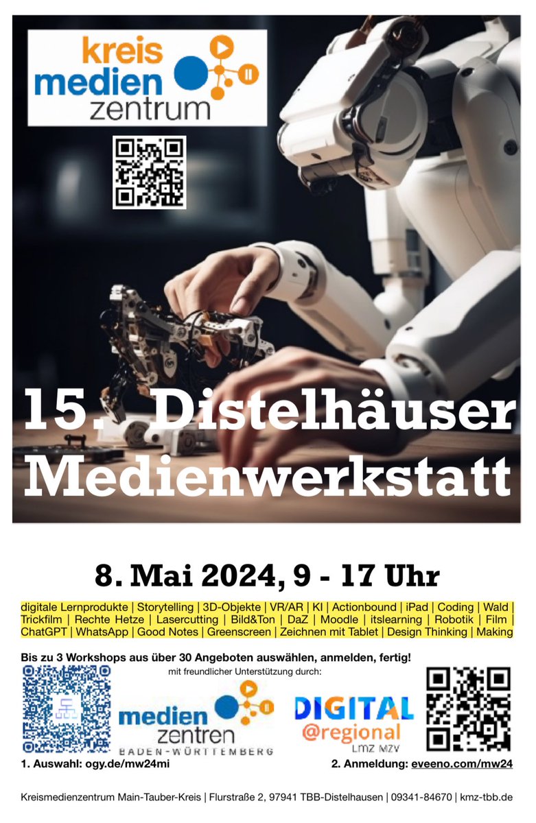 Distelhäuser Medienwerkstatt, 15. Auflage! Am 8. Mai und in Präsenz. Für Lehrkräfte nicht nur aus #eduBW. #Medien #twlz Wer sich noch schnell anmelden will, kann das hier tun: kmz-tbb.de/neues?view=art…