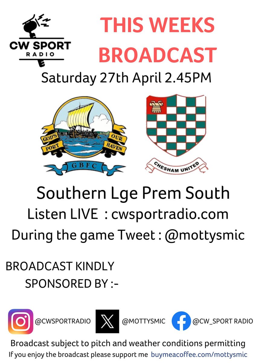 PLS RT MATCHDAY Calling all fans of @GosportBFC . Hope to see loads of you at the AEI. IYCMI why not listen in? @HampshireFA @BBCRadioSolent @BBC_Hampshire @ExpressFM @VictoryOnlineUK @HampshireLive @TheGosportGlobe @GosportCouncil @dailyecho @dailyechosport @portsmouthnews