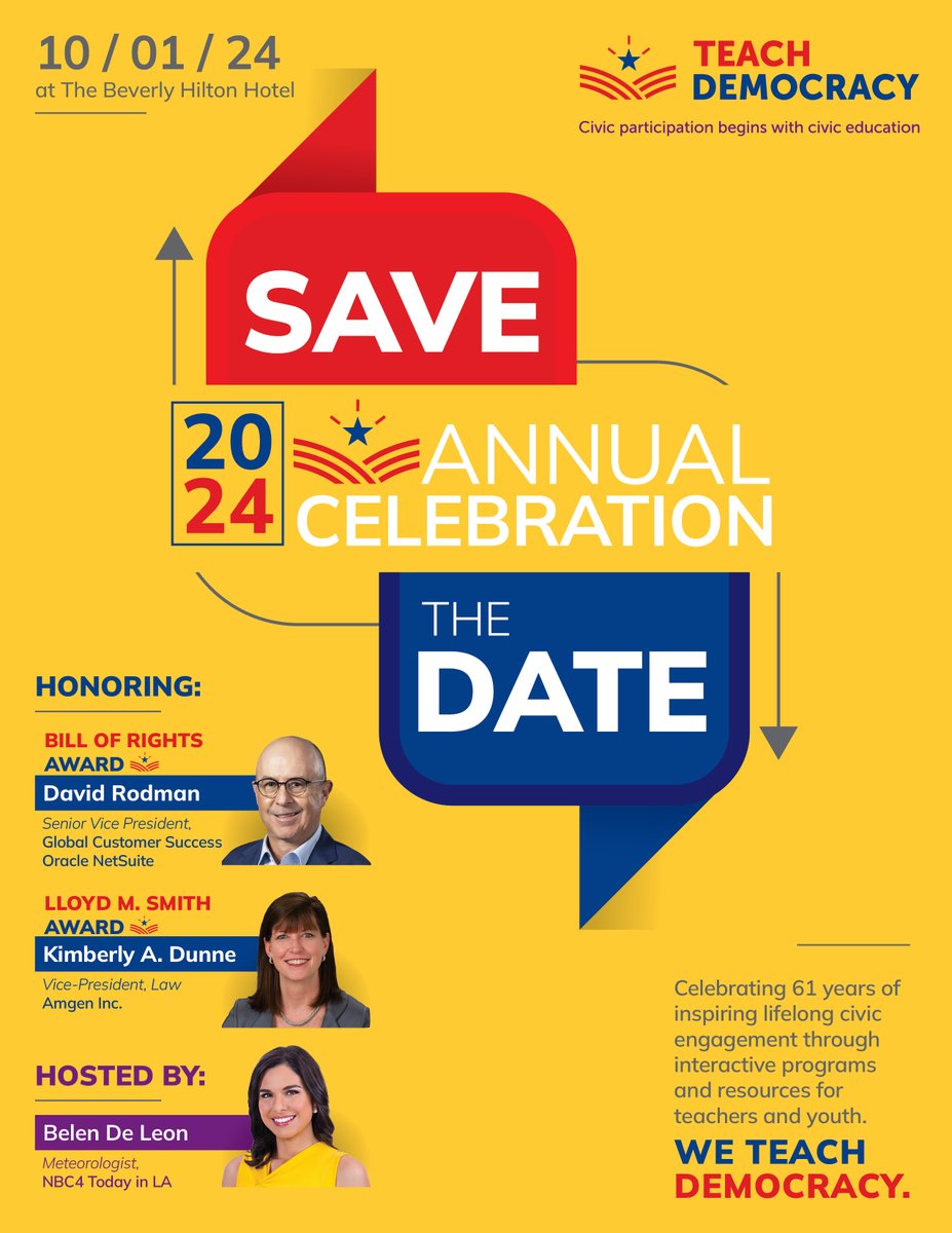 Teach Democracy is excited to announce our Annual Celebration happening on 10/1/2024. The honorees are Kimberly Dunne (@Amgen) and David Rodman (@OracleNetsuite ). Belen De Leon (@BelenNBCLA, @NBCLA ) is hosting. We thank them their support: teachdemocracy.org/support