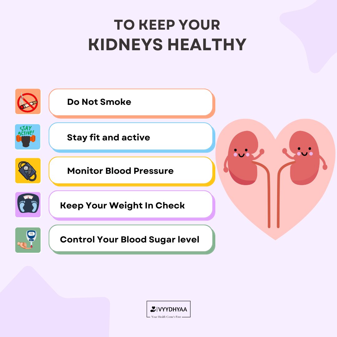 'Healthy kidneys, happy life! 💪 Keep your kidneys in top shape with these simple tips: stay hydrated, eat a balanced diet, exercise regularly, limit alcohol intake, and avoid smoking. Your kidneys will thank you! #KidneyHealth #HealthyLiving 🌟👩‍⚕️'