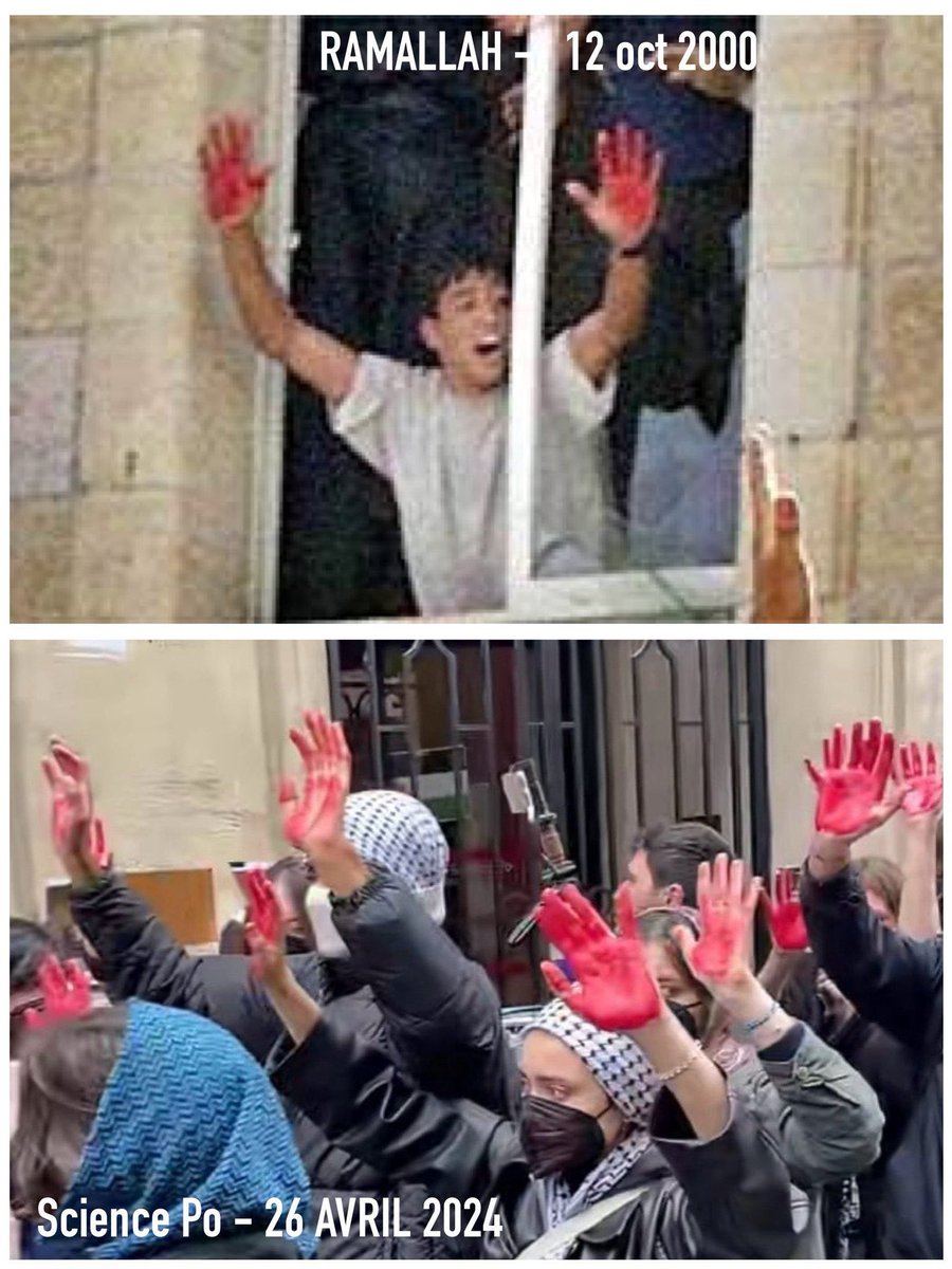 Voici ce que les 'pro-palestiniens' commémoraient devant @sciencespo hier: le meurtre barbare à mains nues de deux israéliens en 2000 par une populace fanatisée Leurs beaux slogans 'Palestine libre et démocratique' 'État binational' ont le goût du meurtre