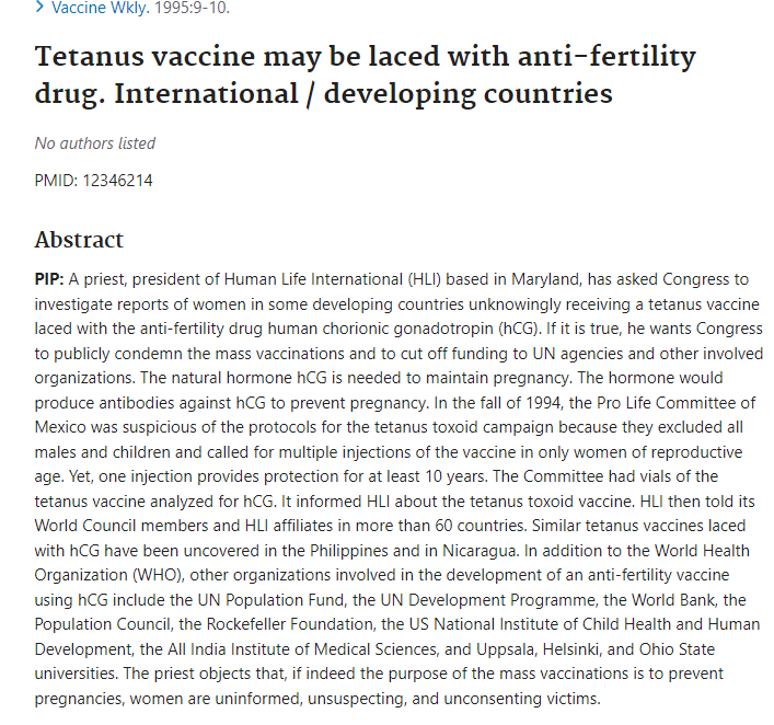 Tetanus vaccine may be laced with anti-fertility drug. 
pubmed.ncbi.nlm.nih.gov/12346214/